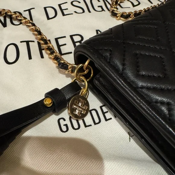 TORY BURCH Fleming Wallet Cross-Body Clutch Black Leather with Gold Hardware - Picture 2 of 8